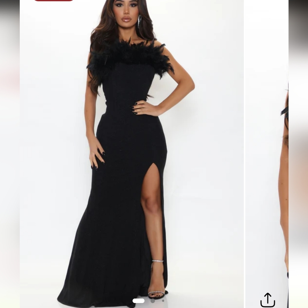 Elegant Black Feather Trim Evening Gown - Women Dresses